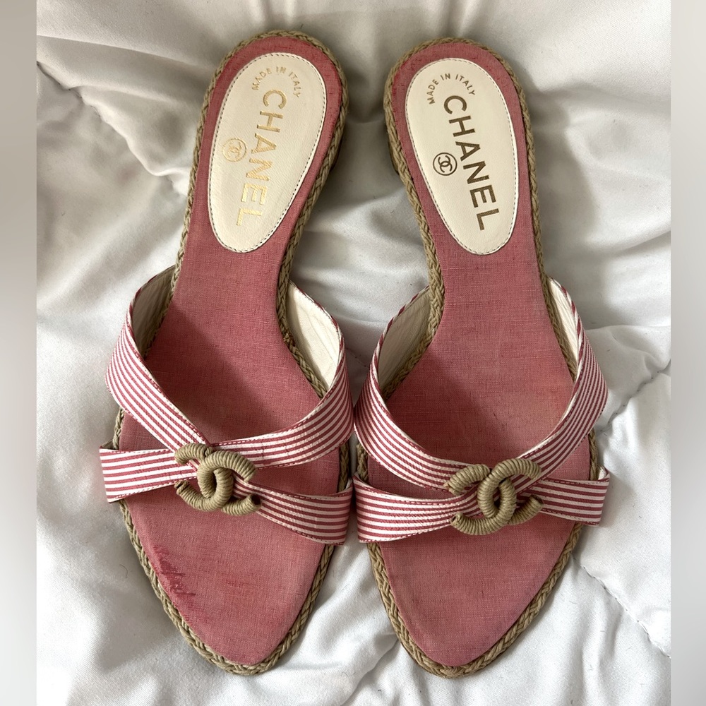 Chanel Vintage Candy Stripe Silk Canvas w/ Braided Trim Sandals Size 7 / 37
